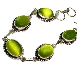 Natural Green Cat's Eye Gemstones in a 925 Stamped Bracelet